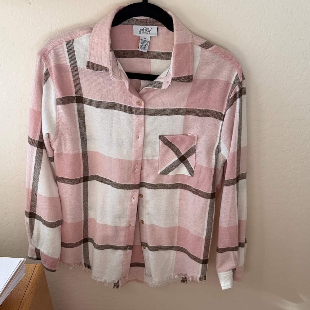 Pink and White Plaid Button-Up Shirt
